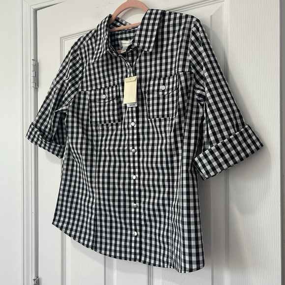 Christopher &‎ Banks Shirt Women's Large Black Plaid Button Up Short Sleeve NWT - Picture 2 of 8